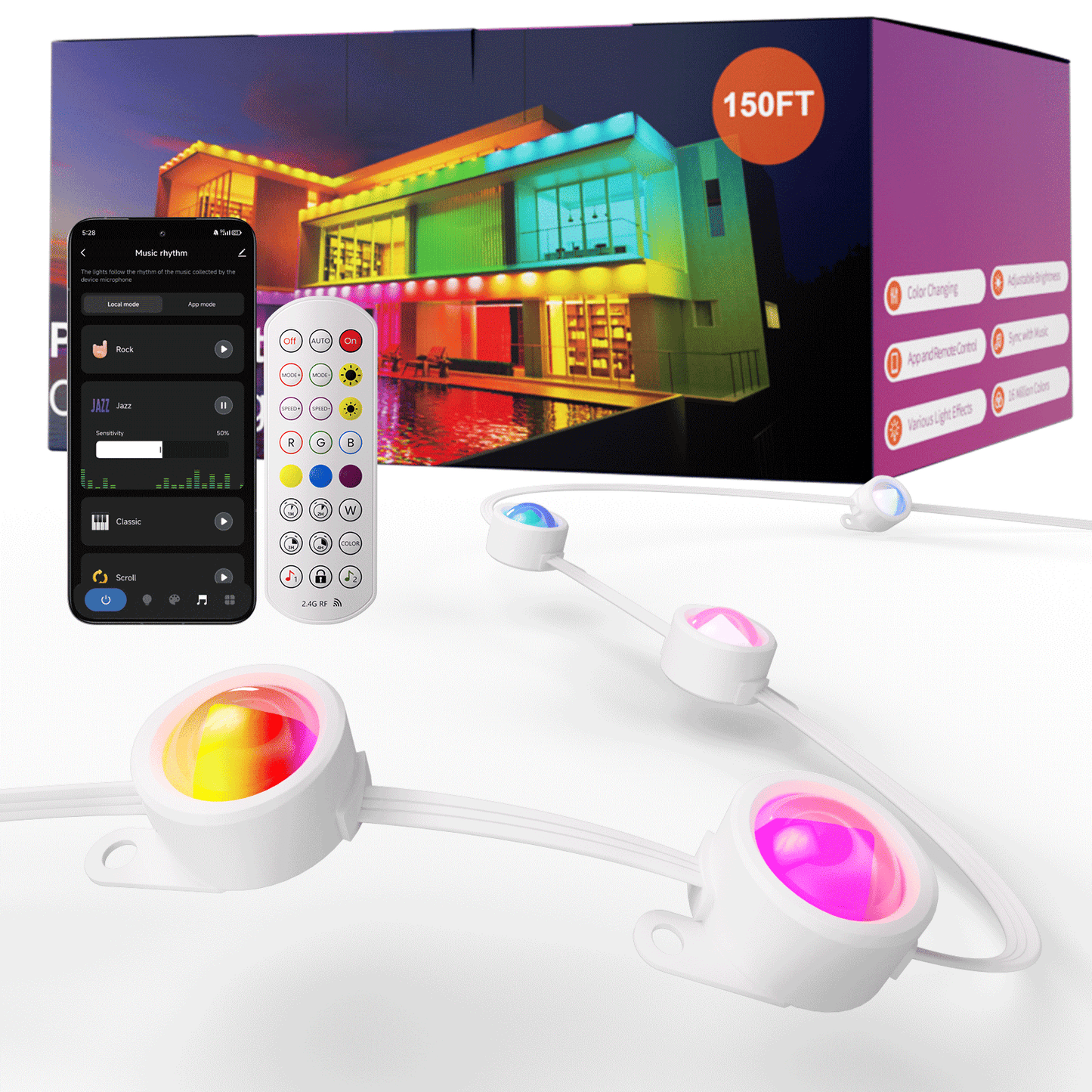 Permanent Outdoor Lights, RGB Smart String Lights with 75 Scene Modes, 150ft Eaves LED Light, Waterproof IP67, Great for All Holidays, Parties, Halloween, Christmas, App and Remote Control