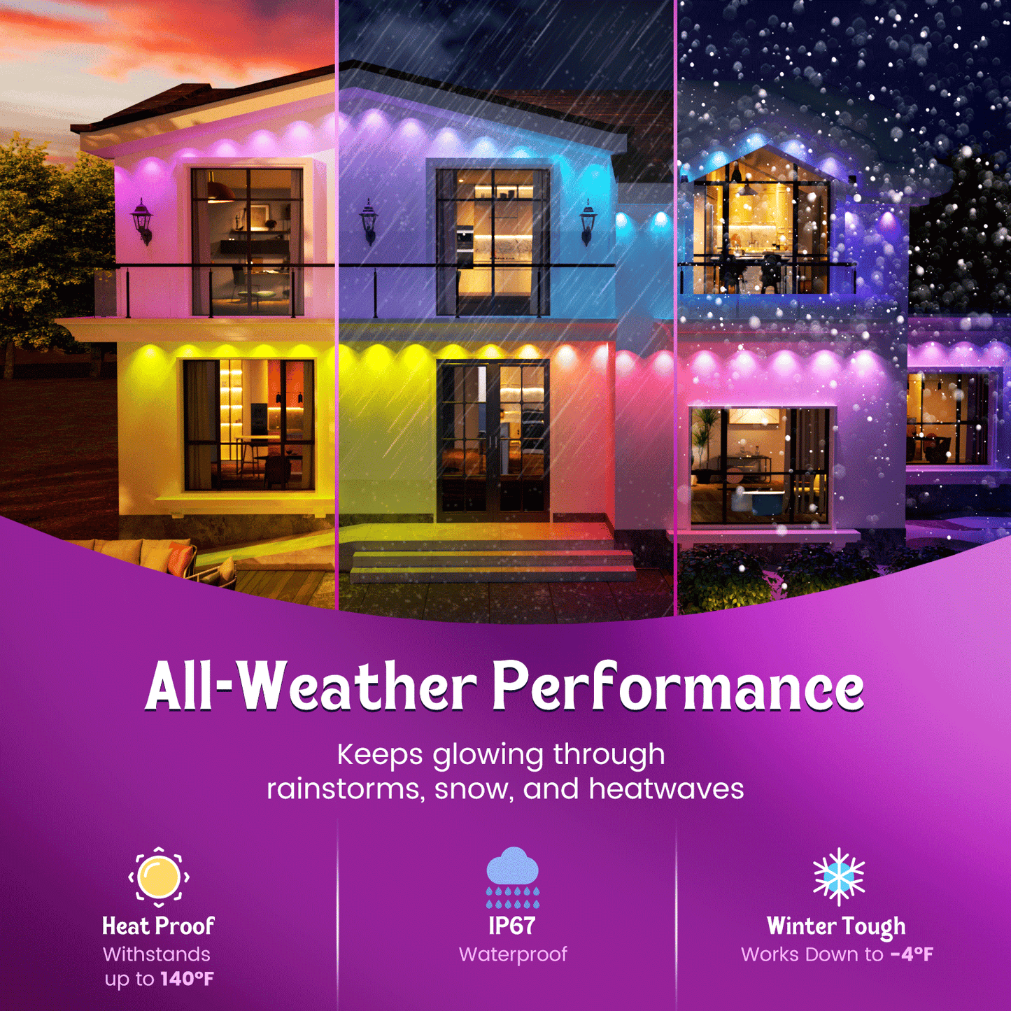 Permanent Outdoor Lights, RGB Smart String Lights with 75 Scene Modes, 150ft Eaves LED Light, Waterproof IP67, Great for All Holidays, Parties, Halloween, Christmas, App and Remote Control