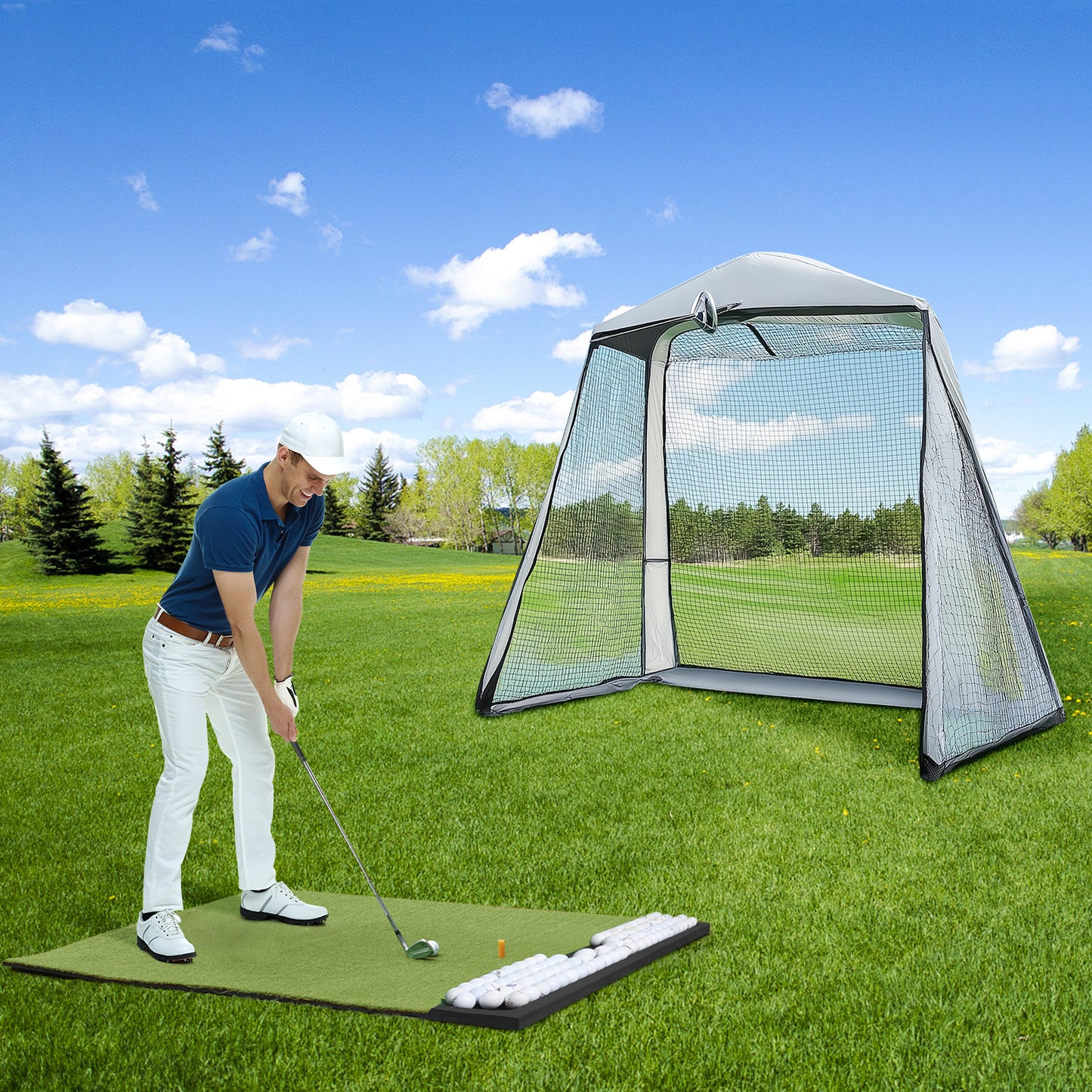 Golf Hitting Mat Built-in Ball Tray Dual-Turf Thick EVA Base- 5x4ft