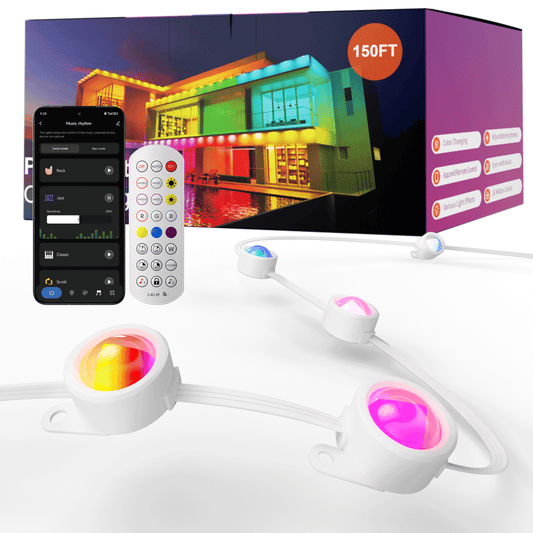 Permanent Outdoor Lights, RGB Smart String Lights with 75 Scene Modes, 150ft Eaves LED Light, Waterproof IP67, Great for All Holidays, Parties, Halloween, Christmas, App and Remote Control