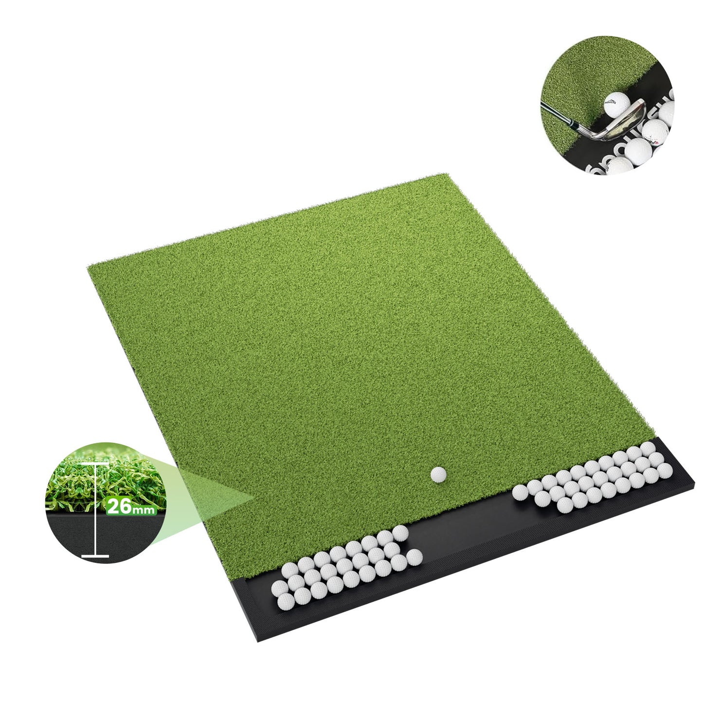 Golf Hitting Mat Built-in Ball Tray Dual-Turf Thick EVA Base- 5x4ft