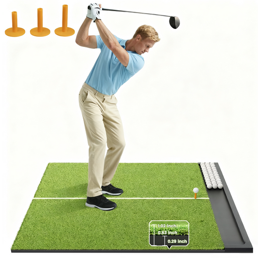 OKESAM Golf Hitting Mat with Ball Tray, 5x4ft, 26mm Thick, Standard & Alignment Line Options, Premium Golf Practice Mat for Indoor Outdoor Swing & Chipping