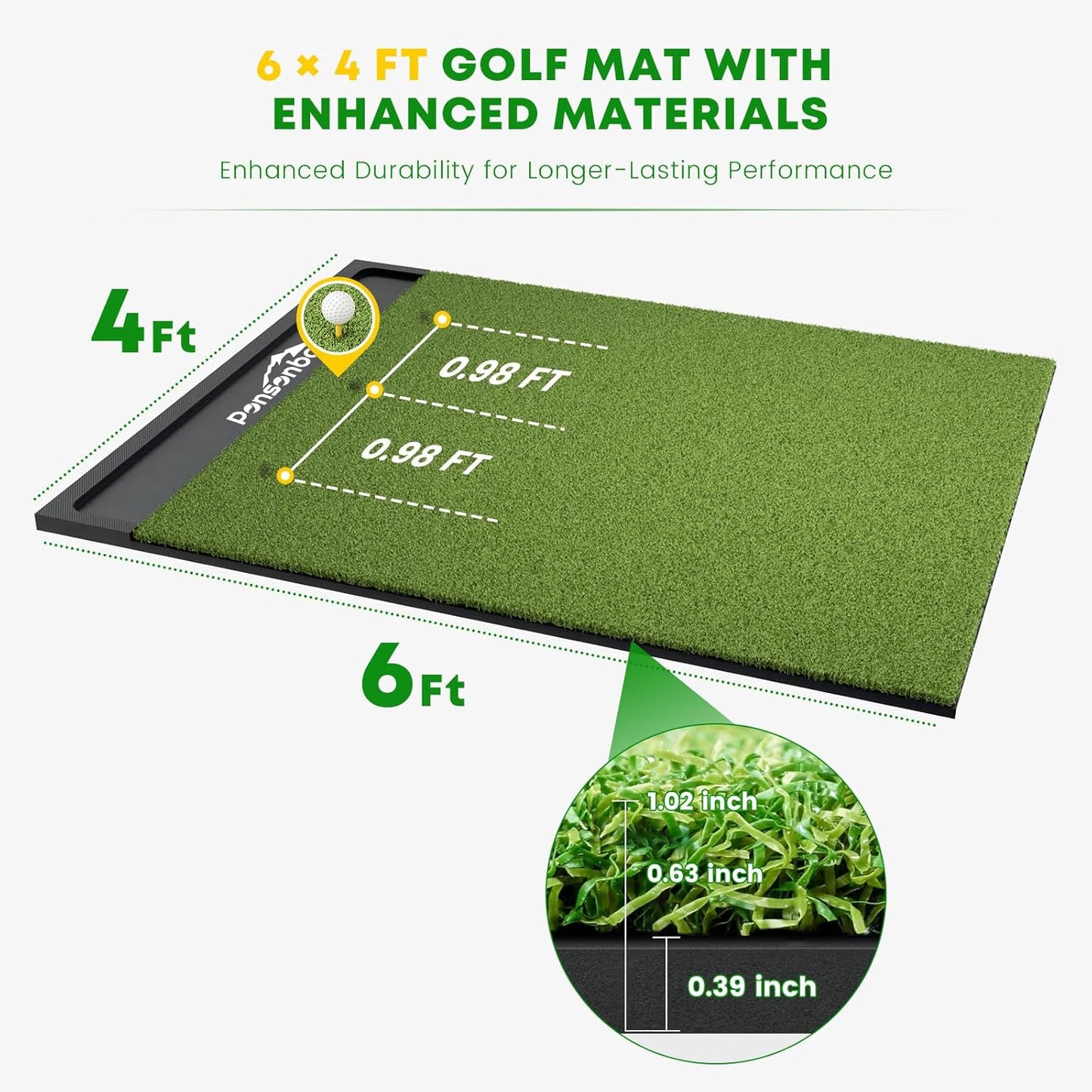Golf Hitting Mat Built-in Ball Tray Dual-Turf Thick EVA Base- 5x4ft