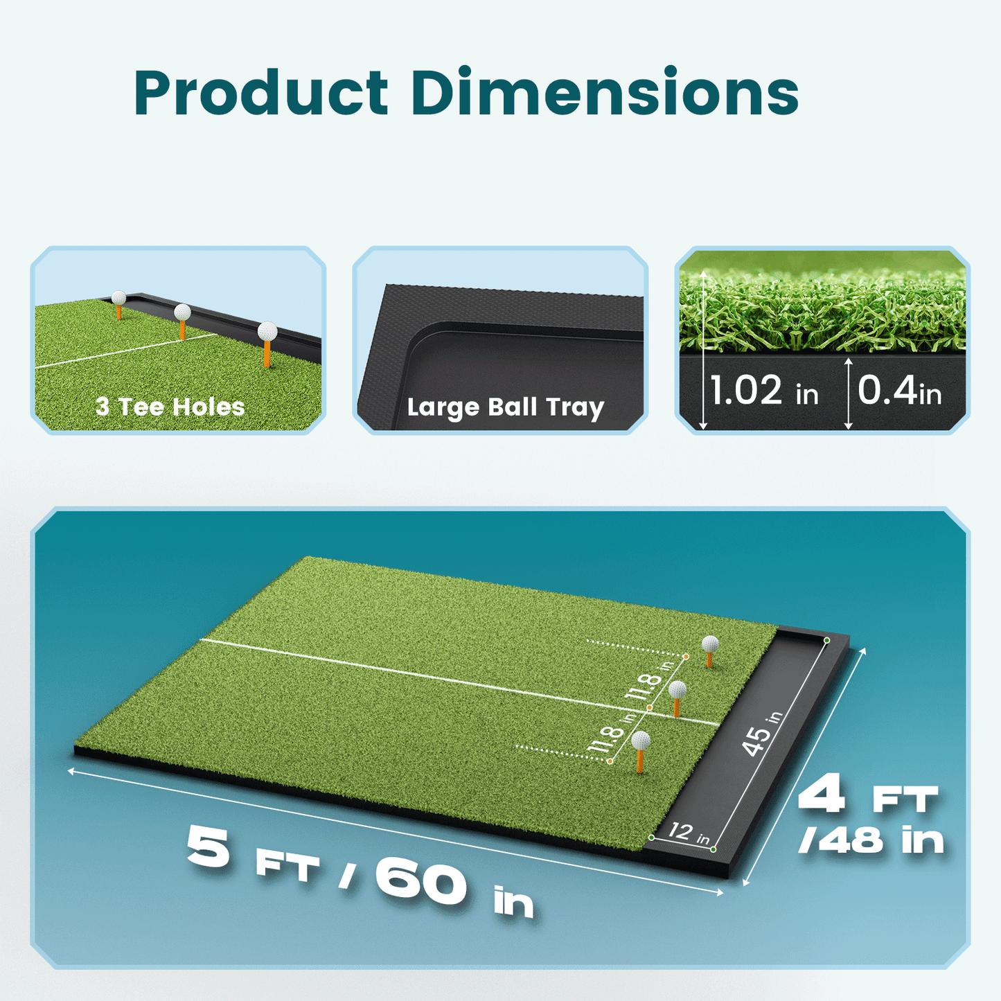 OKESAM Golf Hitting Mat with Ball Tray, 5x4ft, 26mm Thick, Standard & Alignment Line Options, Premium Golf Practice Mat for Indoor Outdoor Swing & Chipping