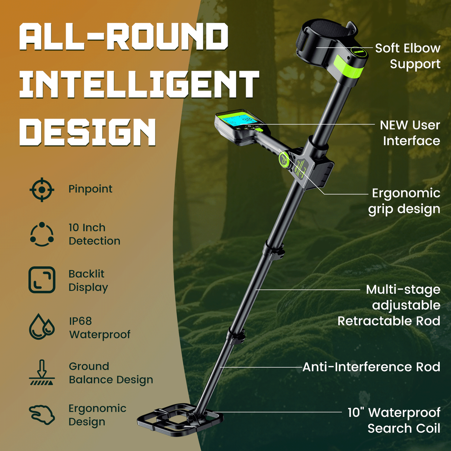 Metal Detector for Adults Waterproof - Adjustable Retractable Foldable Metal Detector Waterproof High Accuracy Gold Detector, Backlit LCD Display,Up to 20 Hours of Extended Runtime, Adjustable Retrac