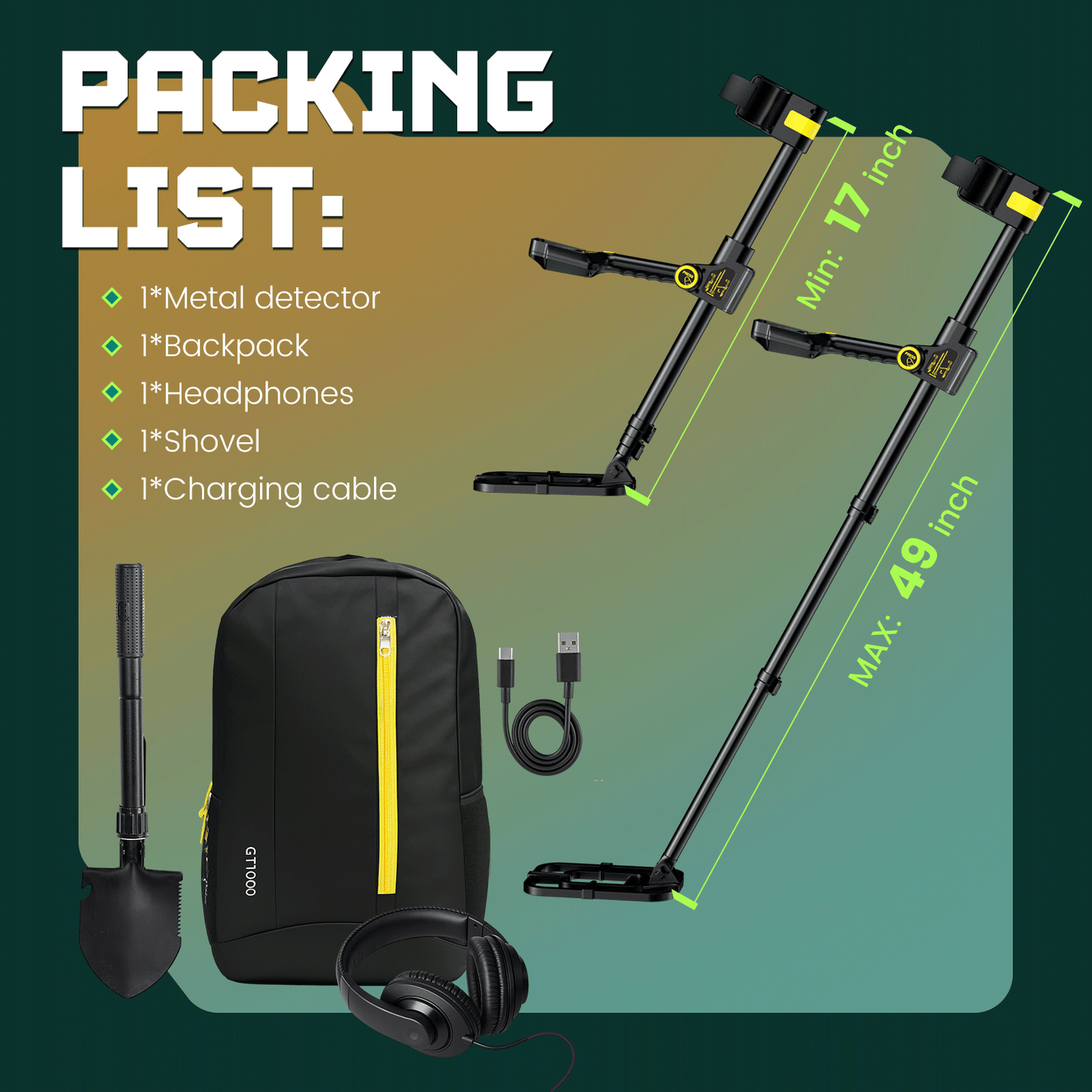 Metal Detector for Adults Waterproof - Adjustable Retractable Foldable Metal Detector Waterproof High Accuracy Gold Detector, Backlit LCD Display,Up to 20 Hours of Extended Runtime, Adjustable Retrac