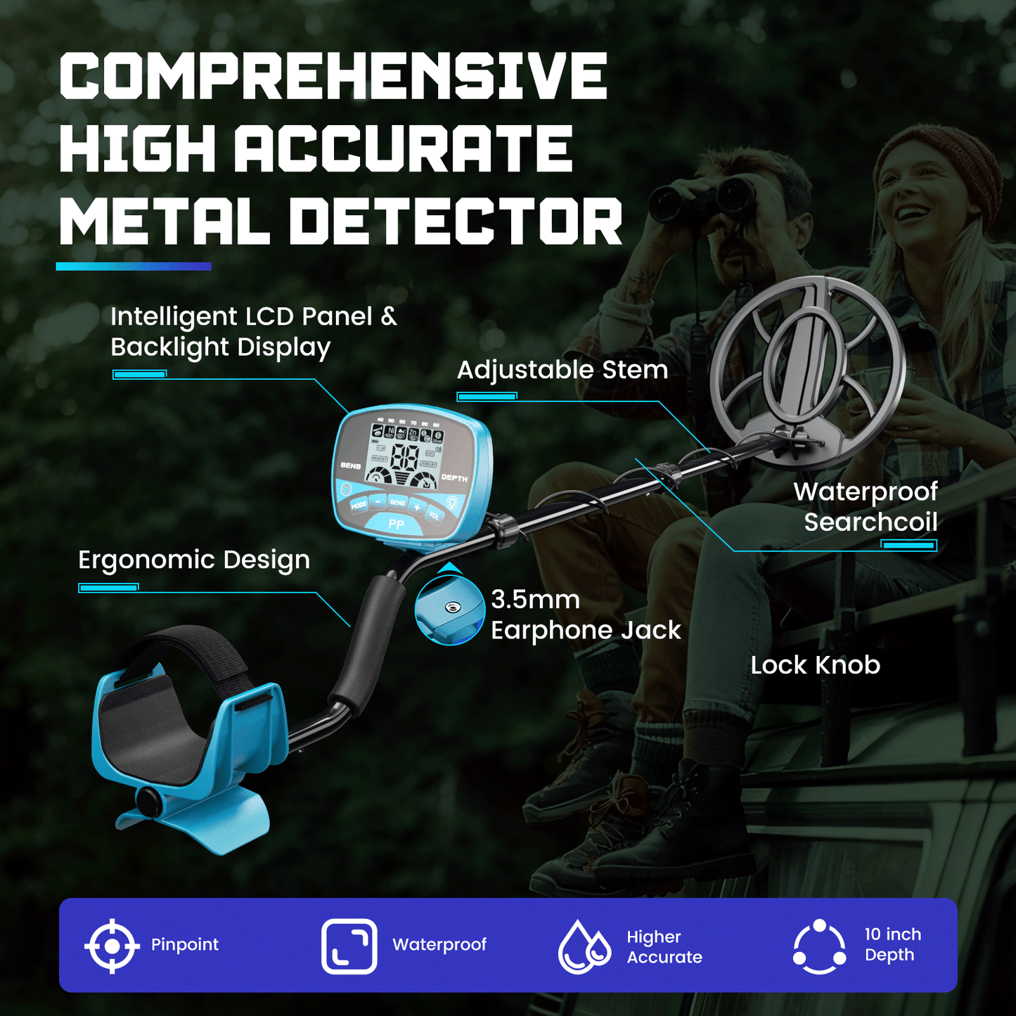 Metal Detector for Adults & Kids, Professional Cordless with 10" Waterproof Coil, Advanced DSP Chip, 5 Modes, Blue